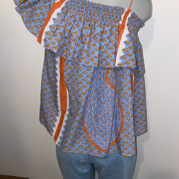 Antik Batik Austin one shoulder ruffled floral print cotton blue orange small - Picture 2 of 4